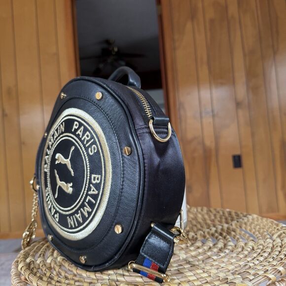 Puma X Balmain Leather Satin Round Backpack Black Gold Streetwear RARE find! - Picture 5 of 15